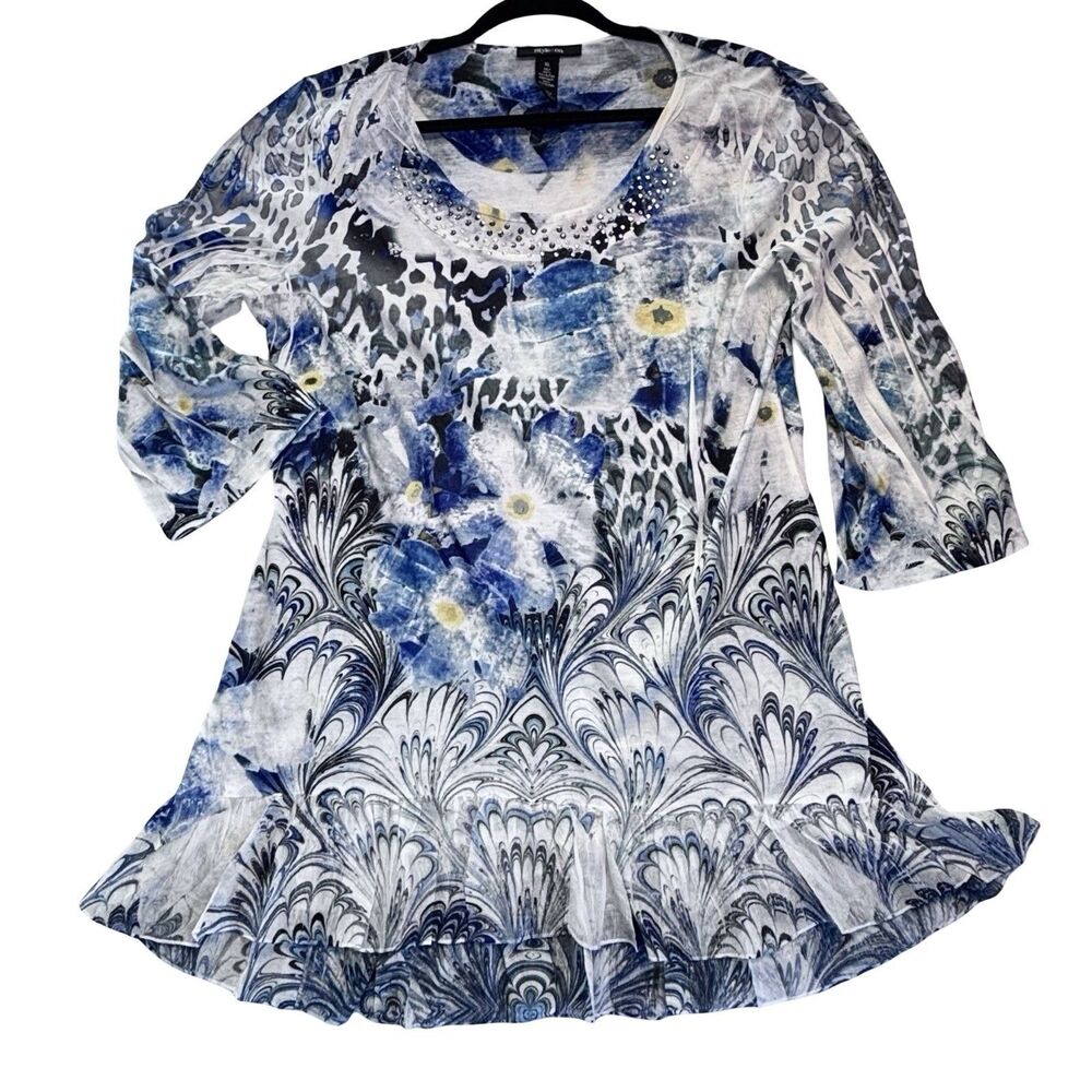 Women’s XL Blue Abstract Tunic Top Rhinestones 3/4 Sleeves Subtle Ruffles At Hem